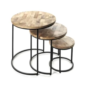 Table d'appoint gigogne ronde en bois massif collection OIKOS. Meuble style industriel avec système de verrouillage