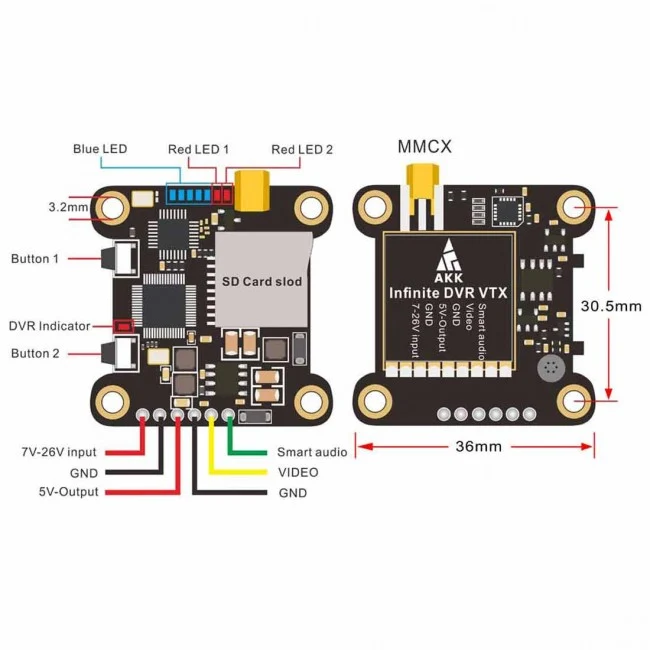 AKK Infinite DVR VTX - Émetteur vidéo FPV 5,8 GHz 1000 mW Support à fort haut rendement Configuration OSD Version longue p...