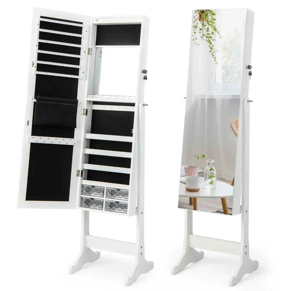 Armoire à bijoux autoportante 41 x 36 x 158 cm avec miroir réglable espace de rangement spacieux design contemporain en MD...