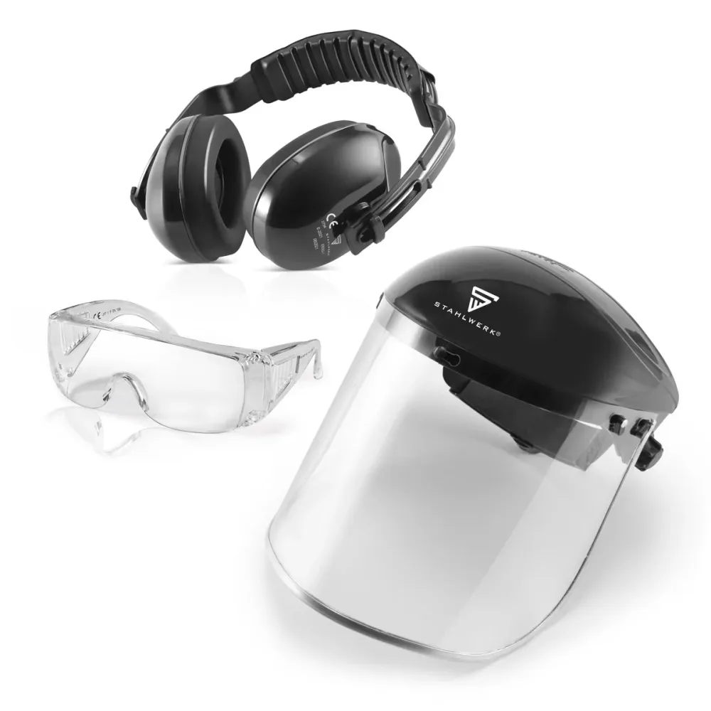 Ensemble de sécurité au travail d'acier avec une protection auditive, des lunettes de protection et un panneau de protecti...