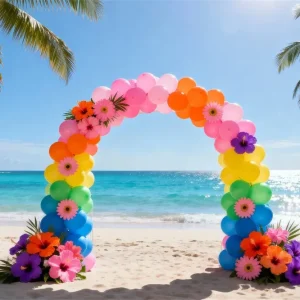 Fond Photo Plage Arche Ballons Arc-En-Ciel Fleurs RR61-1