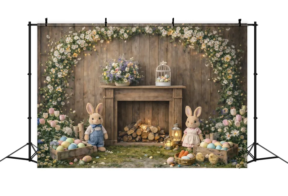 Fond de Pâques Manteau Rustique Lapin Fleurs GQ61-45