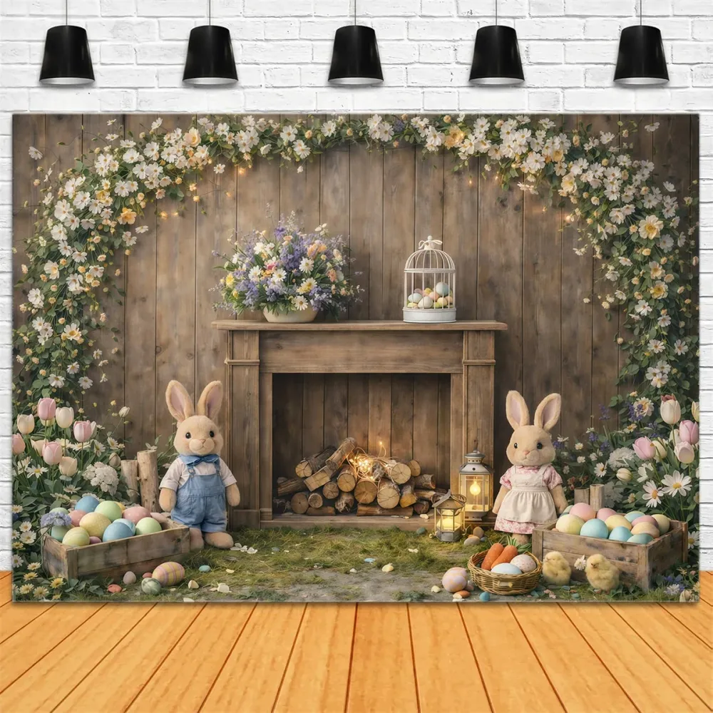 Fond de Pâques Manteau Rustique Lapin Fleurs GQ61-45