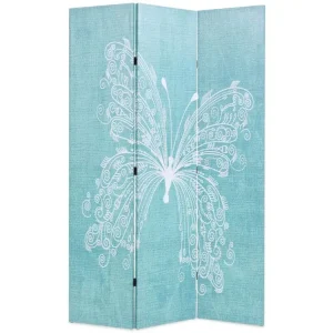 Paravent séparateur de pièce cloison de séparation décoration meuble pliable 120 cm papillon bleu 0802046