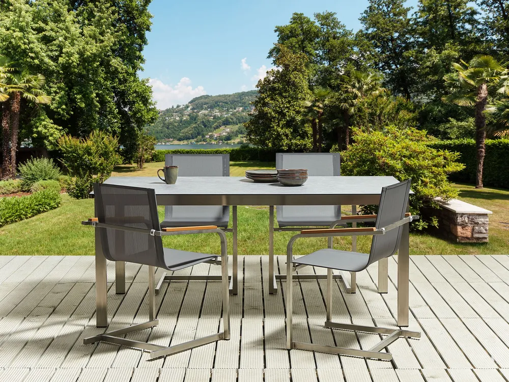 4 Seater Garden Dining Set Grey Cristal Top Grey Chairs COSOLETO