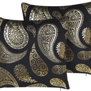 Set 2 Panne Cushions Paisley Pattern 45 x 45 cm Gold and Black URSINIA