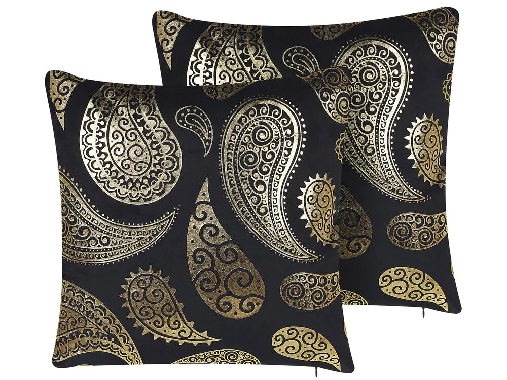 Set 2 Panne Cushions Paisley Pattern 45 x 45 cm Gold and Black URSINIA