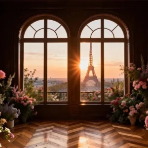Toile de fond Photo Paris Fenêtre Dorée Fleurs Coucher De Soleil RR61-43