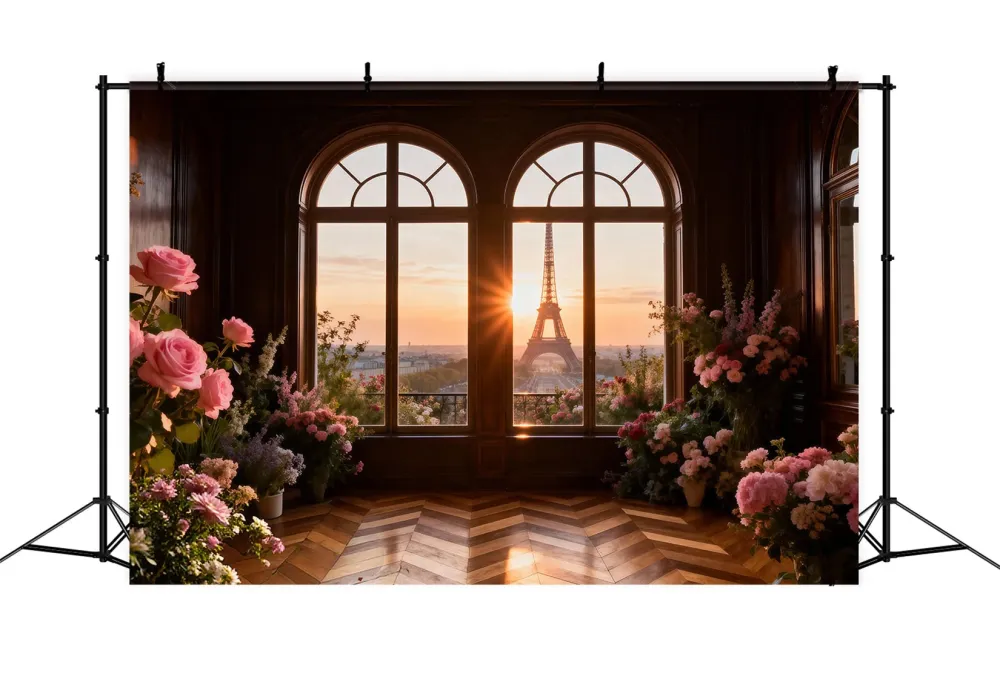 Toile de fond Photo Paris Fenêtre Dorée Fleurs Coucher De Soleil RR61-43