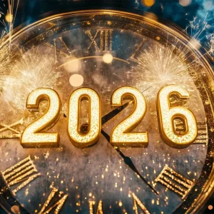 Toile de fond pour le Nouvel 2026 Feux d'artifice dorés Bokeh Horloge de compte à rebours Toile de fond pour photos TWW512-2