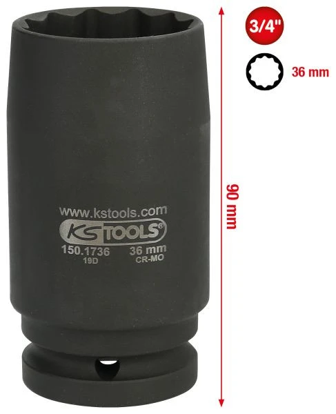 KS Tools Douille à chocs pour arbre d'entraînement 3/4"" 12 pans à paroi élancé 36 mm 150.1736...