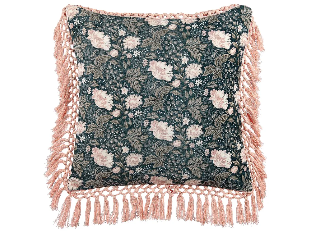 Velvet Cushion Flower Pattern Tassels 45 x 45 cm Blue and Rose vif PARROTIA