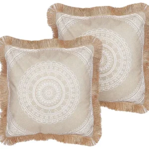 Set 2 Cushions Boho Motif 45 x 45 cm Beige and Blanc pur AGRIMONY