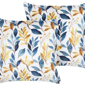 Set 2 Tissu doux Cushions Leaf Pattern 45 x 45 cm Yellow and Blue CATTLEYA