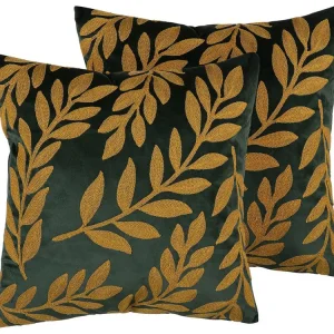 Set 2 Velours Cushions Leaf Pattern 45 x 45 cm Emerald Green MISTLETOE