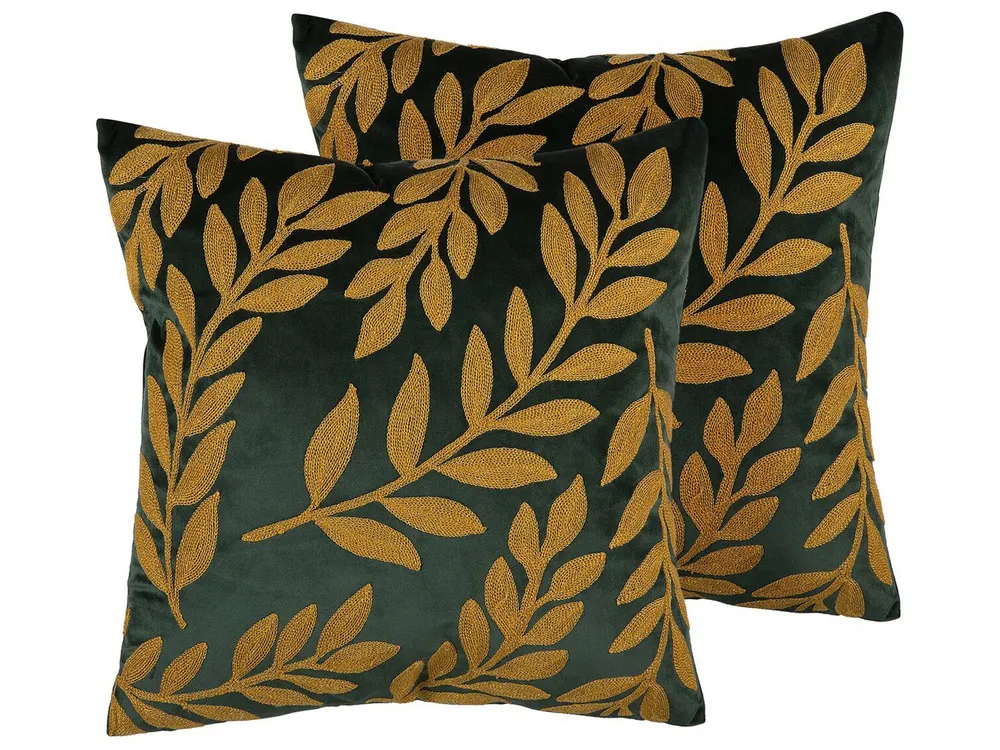 Set 2 Velours Cushions Leaf Pattern 45 x 45 cm Emerald Green MISTLETOE