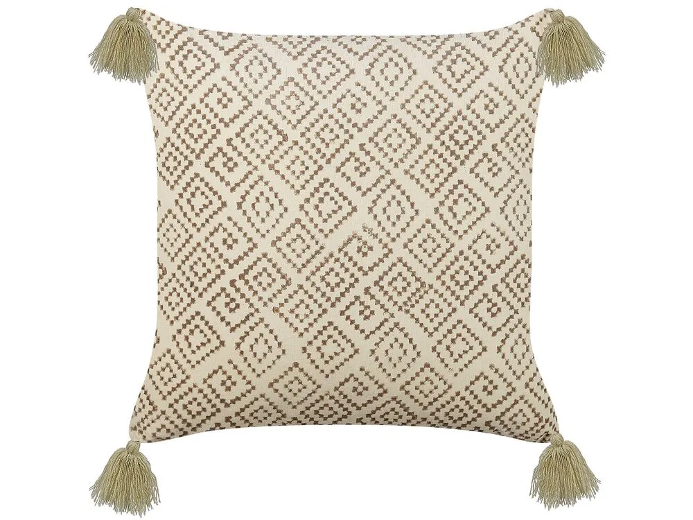 En velours Cushion Geometric Pattern Tassels 45 x 45 cm Beige SANTOLINA