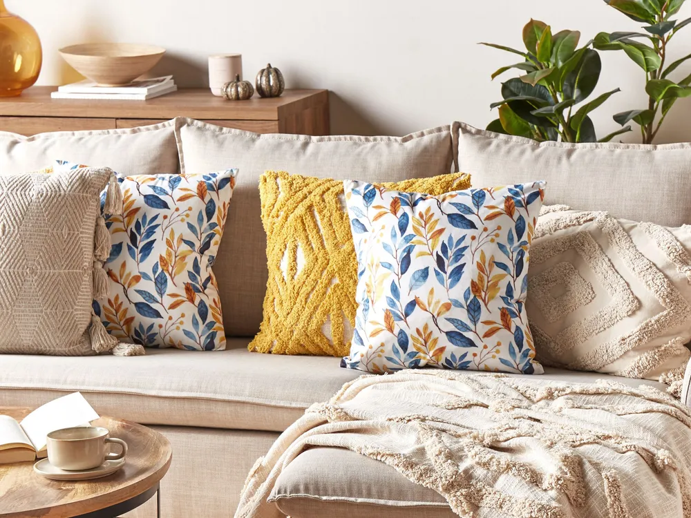 Velvet Cushion Leaf Pattern 45 x 45 cm Jaune vif and Blue CATTLEYA