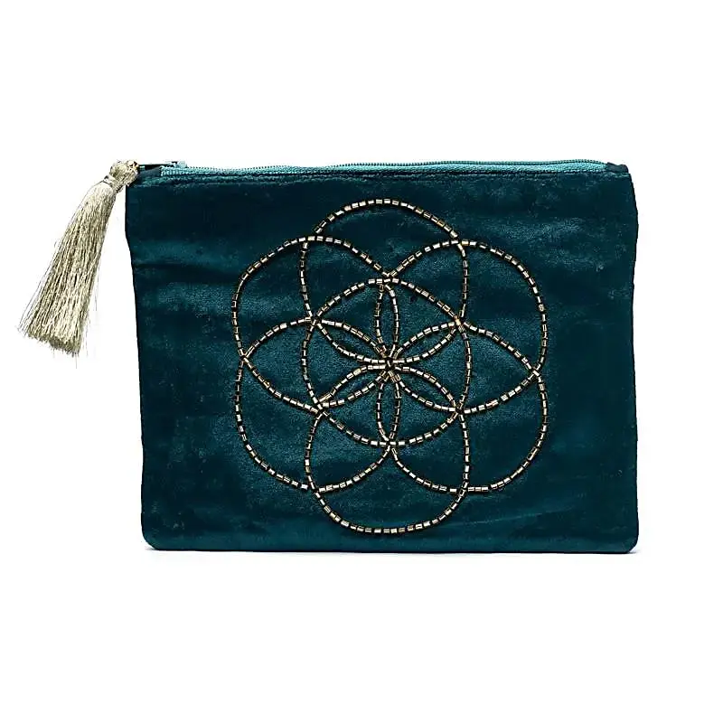 Pochette zippée en velours Bleu Pétrole | broderie Graine de Vie