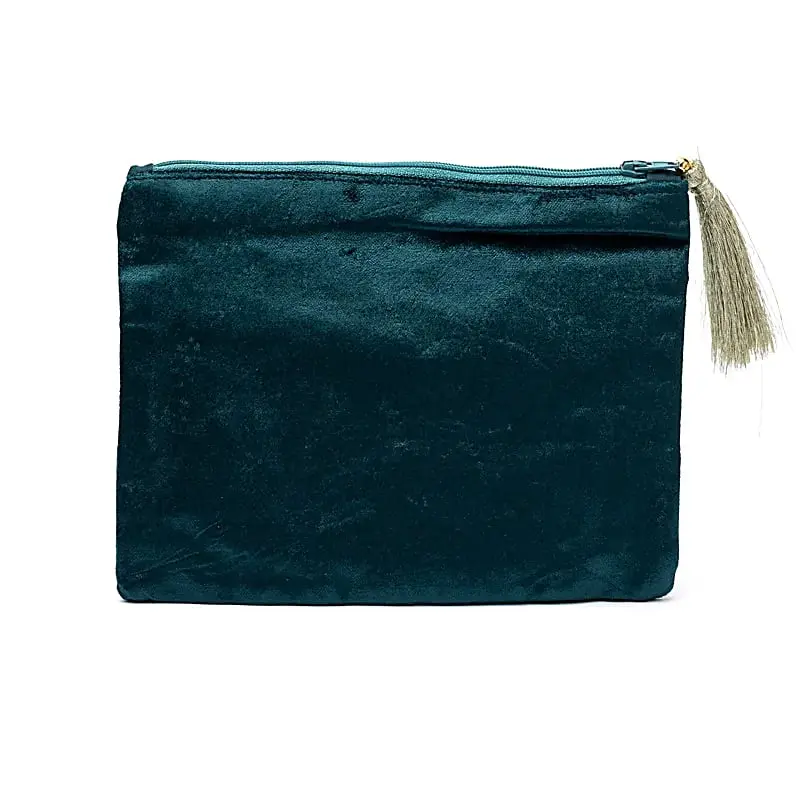 Pochette zippée en velours Bleu Pétrole | broderie Graine de Vie
