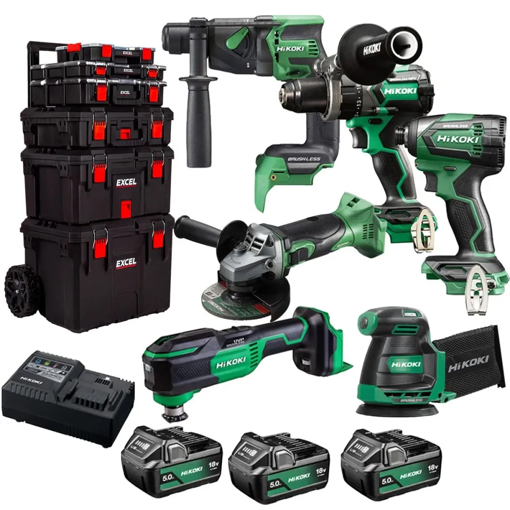 Hikoki 18V 6 Piece Power Tool Combo Kit 3 x 5.0Ah Battery & Trolley Toolbox pour fourgons