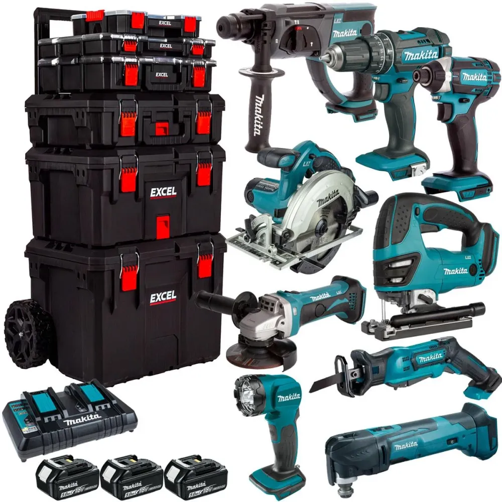 Makita 18V 9 Piece Combo Kit 3 x 5.0Ah Batteries & Trolley Toolbox avec résistance accrue