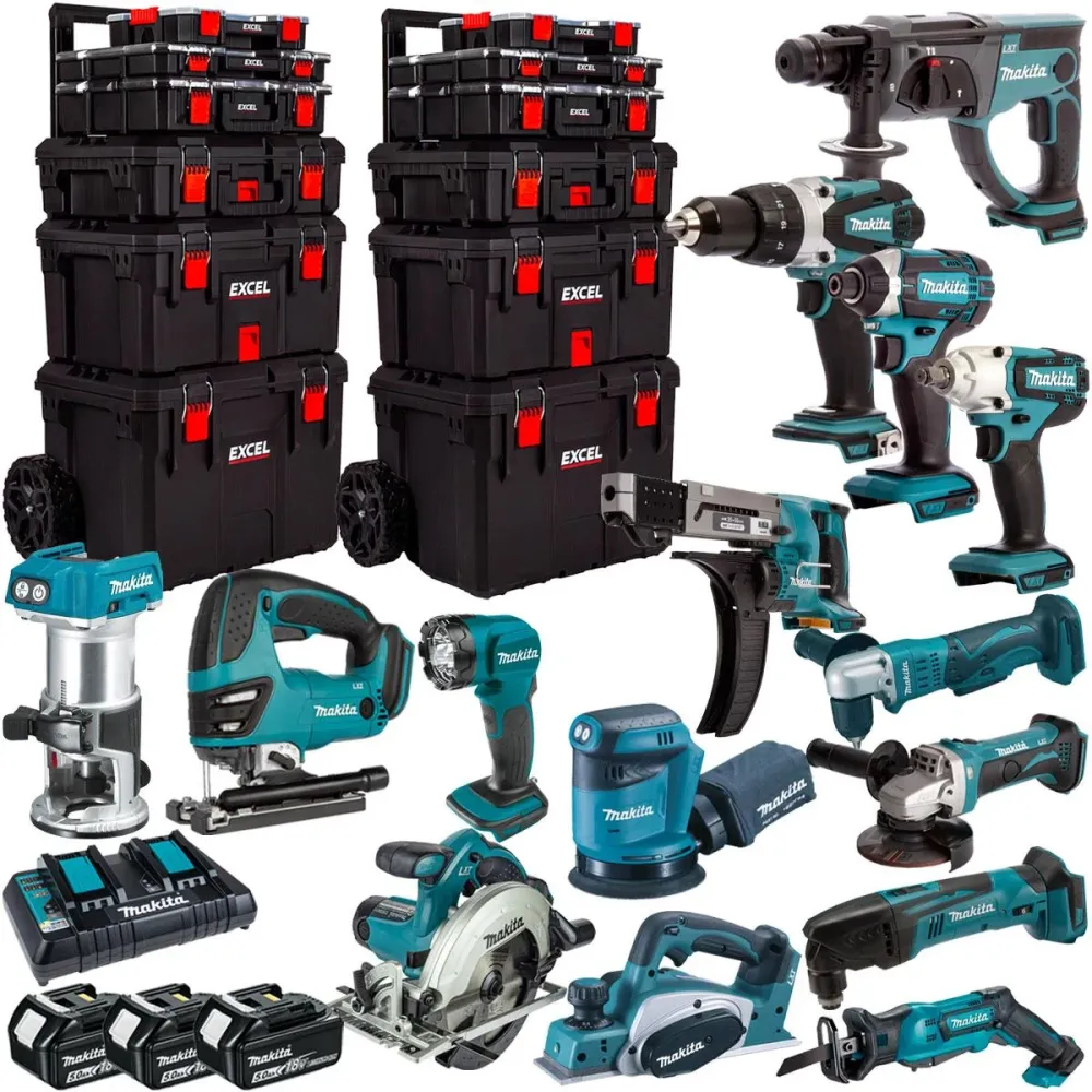 Makita 18V 15 Piece Power Tool Kit 3 x 5.0Ah Batteries & Trolley Toolbox