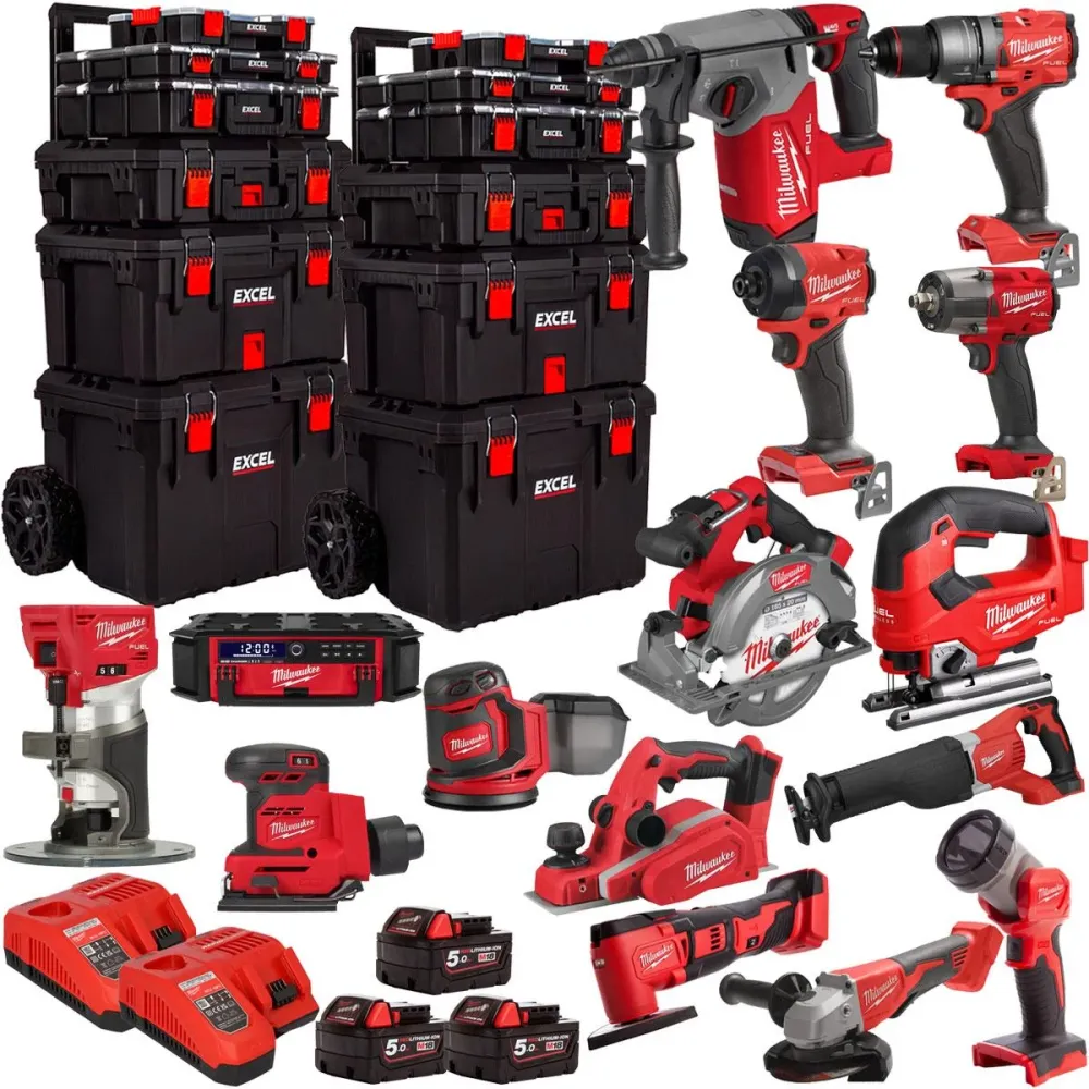 Milwaukee 18V 15 Piece Combo Kit 3 x 5.0Ah Battery & Trolley Toolbox