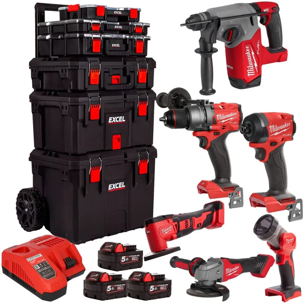 Milwaukee 18V 6 Piece Tool Kit 3 x 5.0Ah Battery & Trolley Toolbox avec système de verrouillage