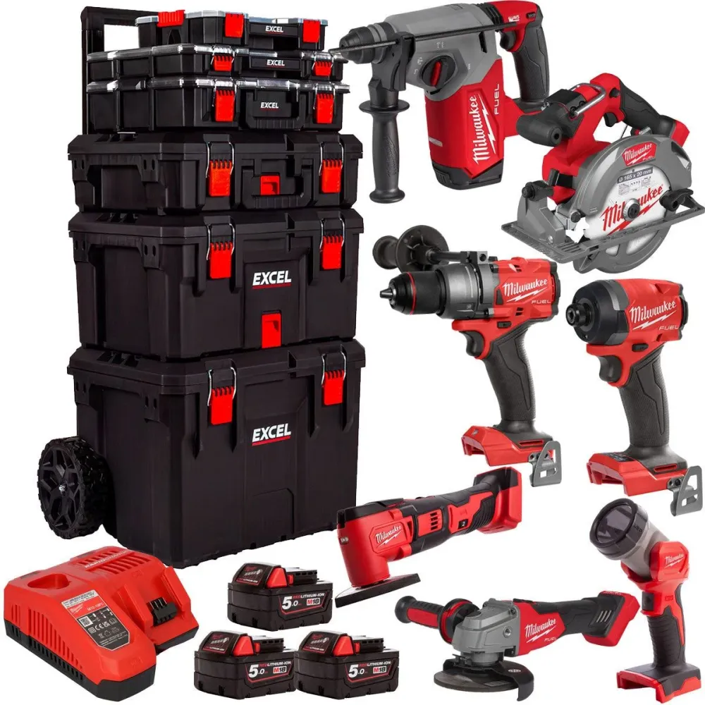 Milwaukee 18V 7 Piece Tool Kit 3 x 5.0Ah Batteries & Trolley Toolbox en aluminium anodisé