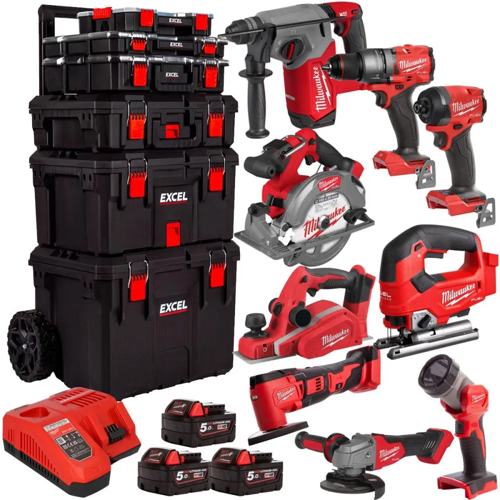 Milwaukee 18V 9 Piece Tool Kit 3 x 5.0Ah Batteries & Trolley Toolbox (Norme EN 12642)
