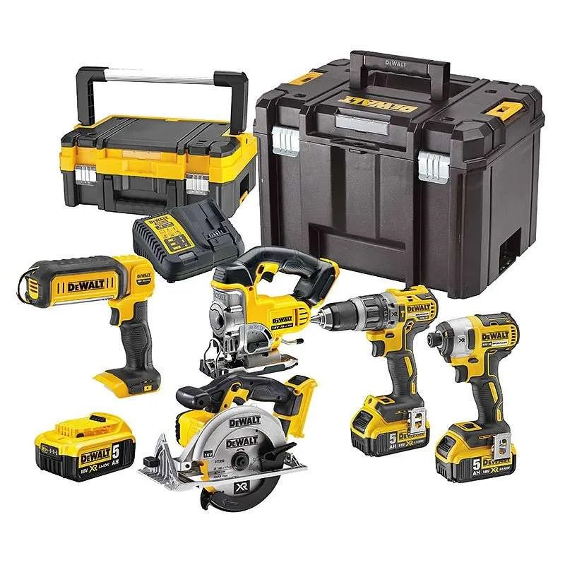 Pack 5 machines DEWALT DCK551P3T : perceuse (DCD796), visseuse à choc (DCF887), scie sauteuse (DCS331), scie circulaire (D...