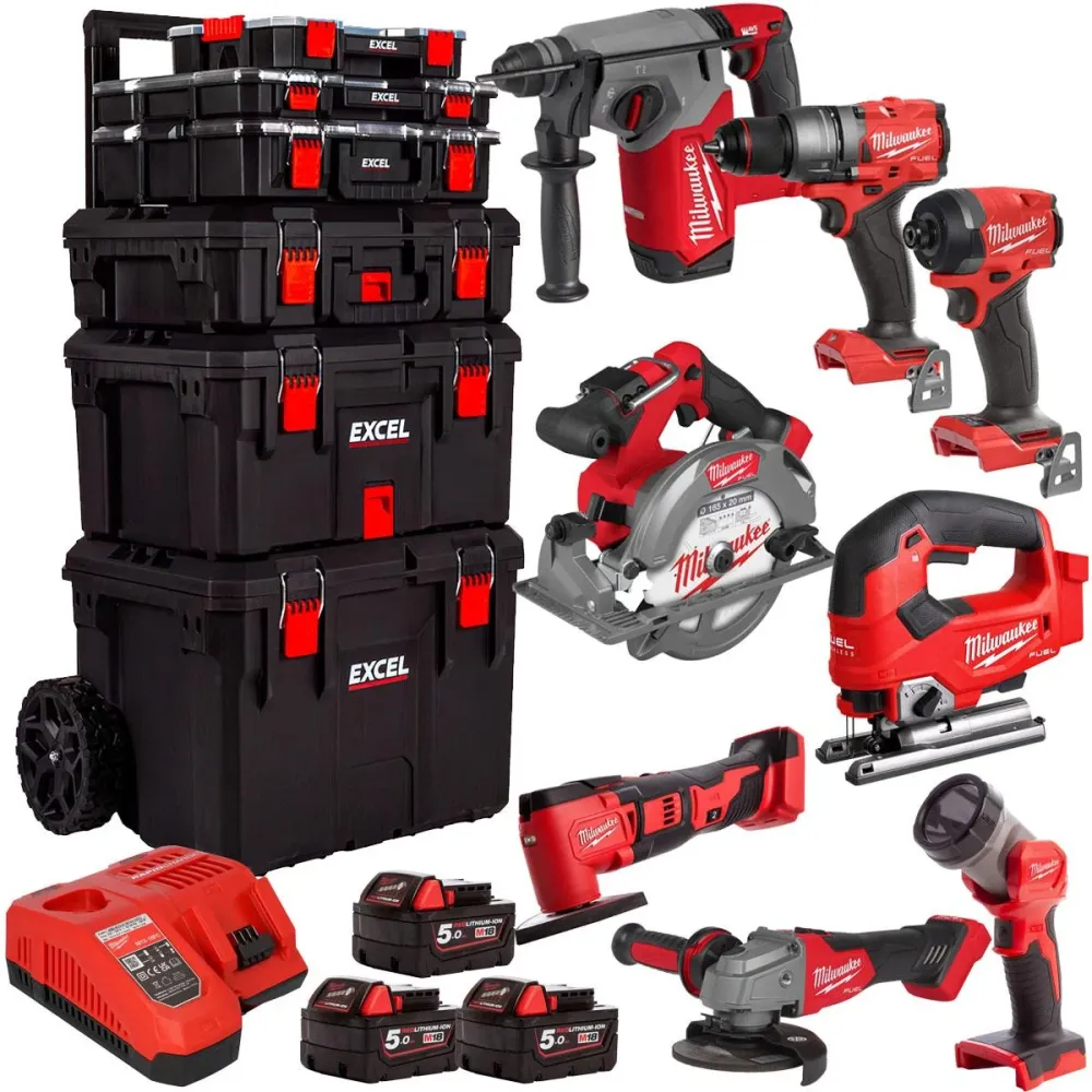 Pièce Lourde Milwaukee 18V 8 Piece Tool Kit 3 x 5.0Ah Batteries & Trolley Toolbox