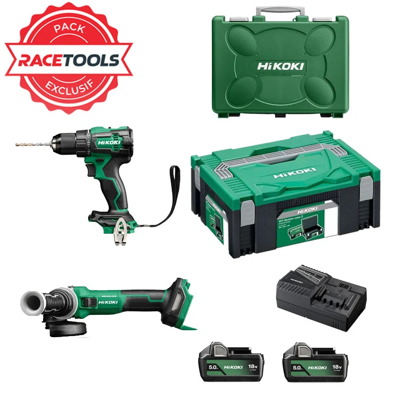 Professionnel Haute Résistance Pack 2 outils HIKOKI Perceuse + meuleuse 18V Brushless KCRT01 (DV18DE + G1813DVE + 2 x 5Ah...