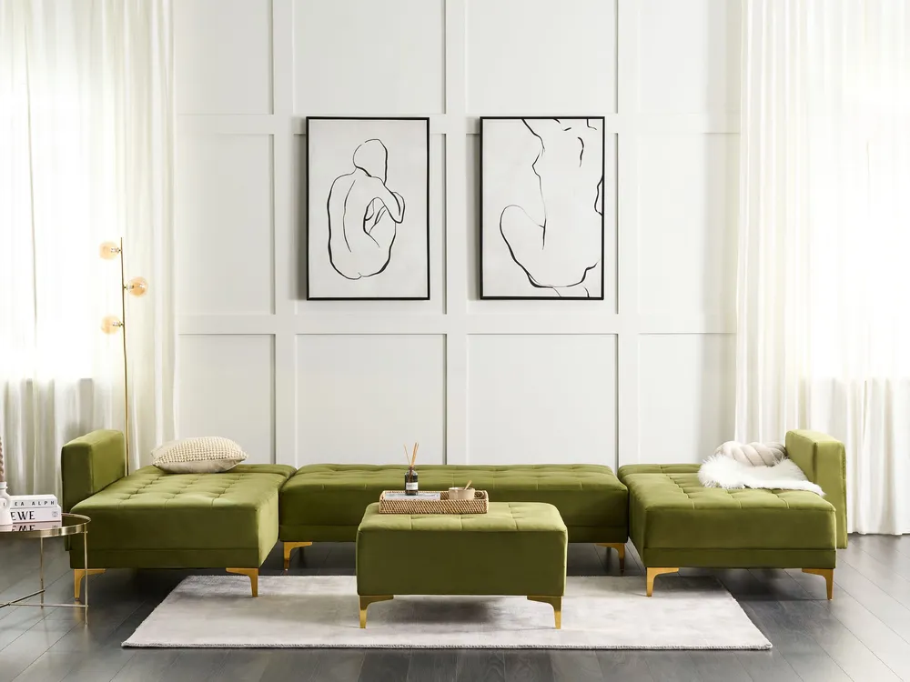 Canapé modulable 5 places en forme de U velours vert avec ottoman ABERDEEN avec Garantie 2 Ans