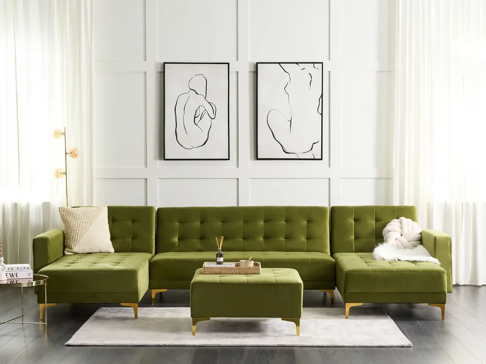 Canapé modulable 5 places en forme de U velours vert avec ottoman ABERDEEN avec Garantie 2 Ans
