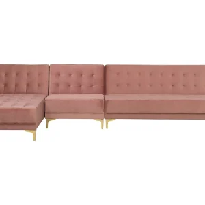 Filet de sécurité Canapé angle droite modulable en velours rose 5 places ABERDEEN