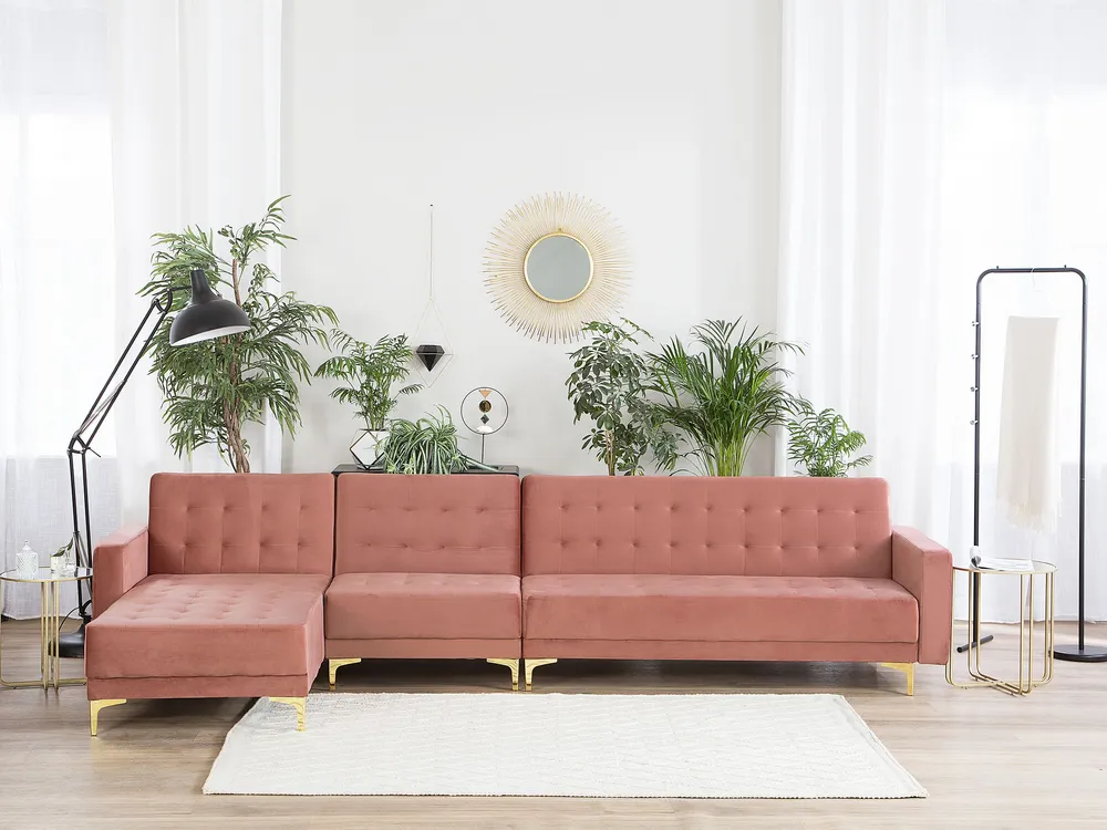 Filet de sécurité Canapé angle droite modulable en velours rose 5 places ABERDEEN