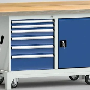 Etabli professionnel mobile KLW 1500 x 700 x 871 mm L x l x H avec plateau multiplex en hêtre avec panneau arrière WP782N-...