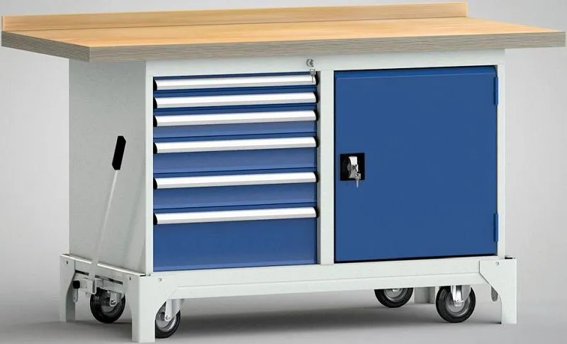Etabli professionnel mobile KLW 1500 x 700 x 871 mm L x l x H avec plateau multiplex en hêtre avec panneau arrière WP782N-...