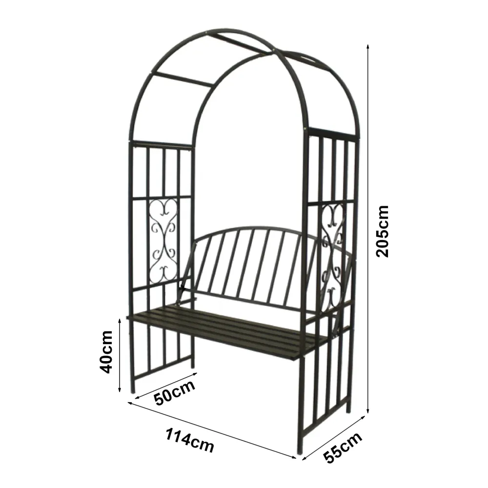 Arche à rosiersde jardin avec banc 205 x 114 x 55 cm acier noir 03_0008857