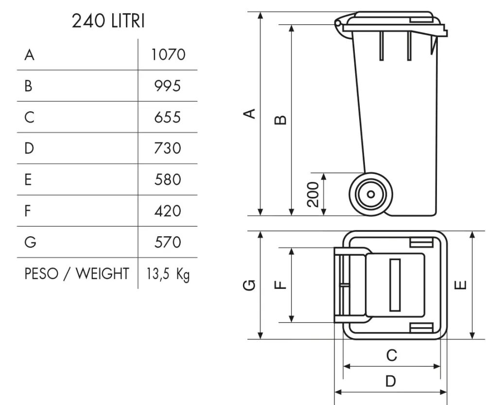 Bidone Carrellato Raccolta Differenziata Bicolore 240lt + Kit Pedale Mobil En polymère 4 Pezzi