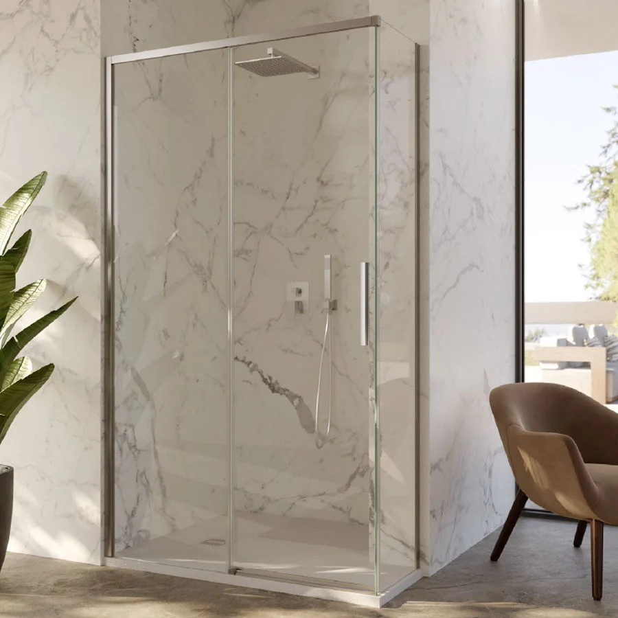 Cabine de douche d'angle 70x140 avec côté fixe et porte coulissante en verre 6 mm et profilé chromé brillant Version gauche