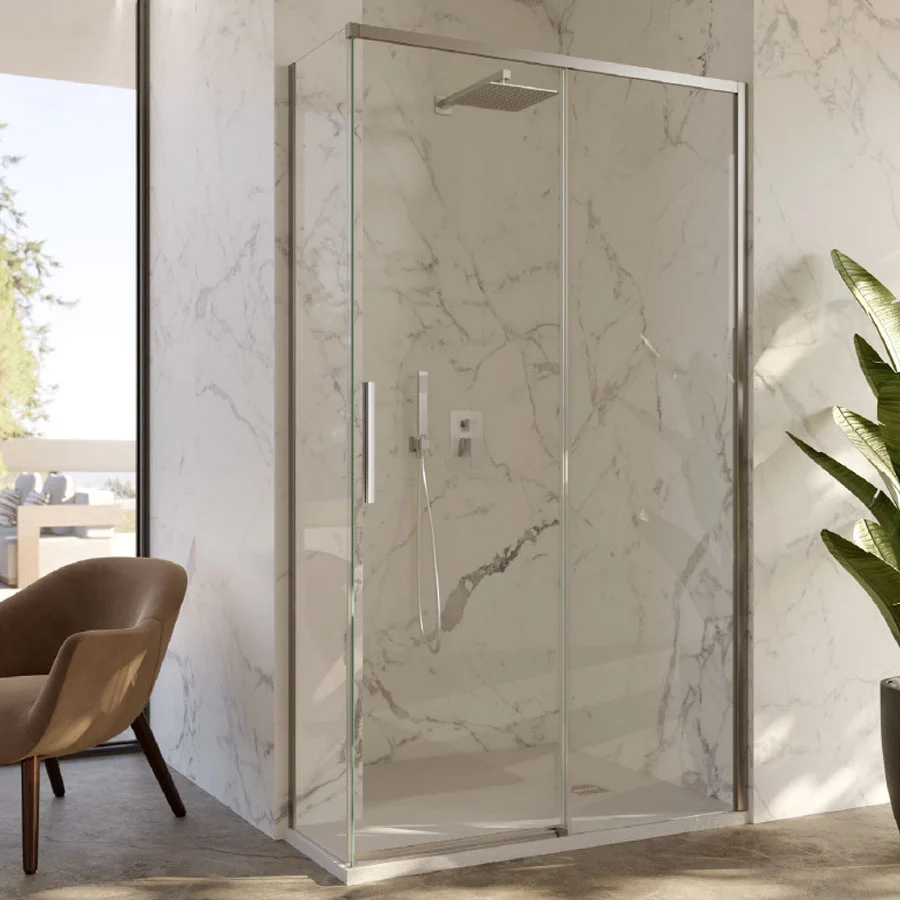 Cabine de douche d'angle 80x140 avec côté fixe et porte coulissante en cristal 6 mm et profilé acier chromé brillant versi...