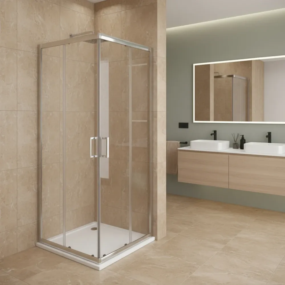 Cabine de douche Iconic 100x140 cm avec ouverture coulissante d'angle en verre anticalcaire Autonome Clean 6 mm