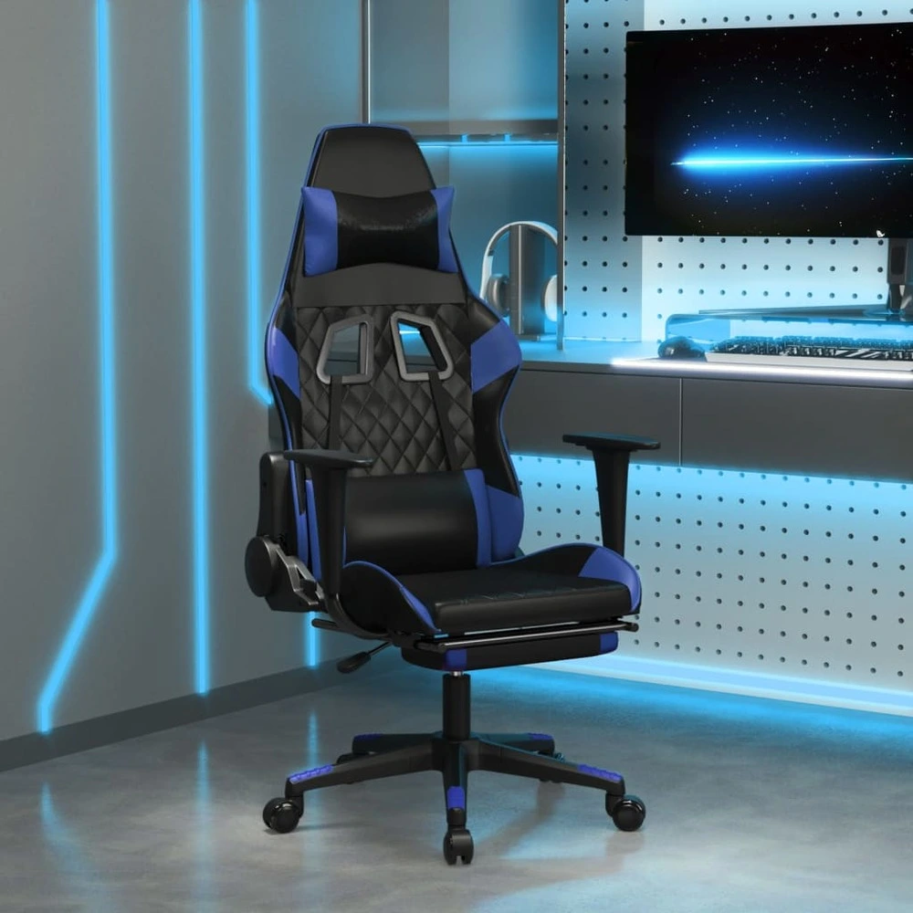 Chaise de jeu avec repose-pied noir et bleu similicuir