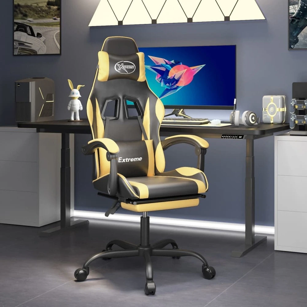 Chaise de jeu avec repose-pied noir et doré similicuir