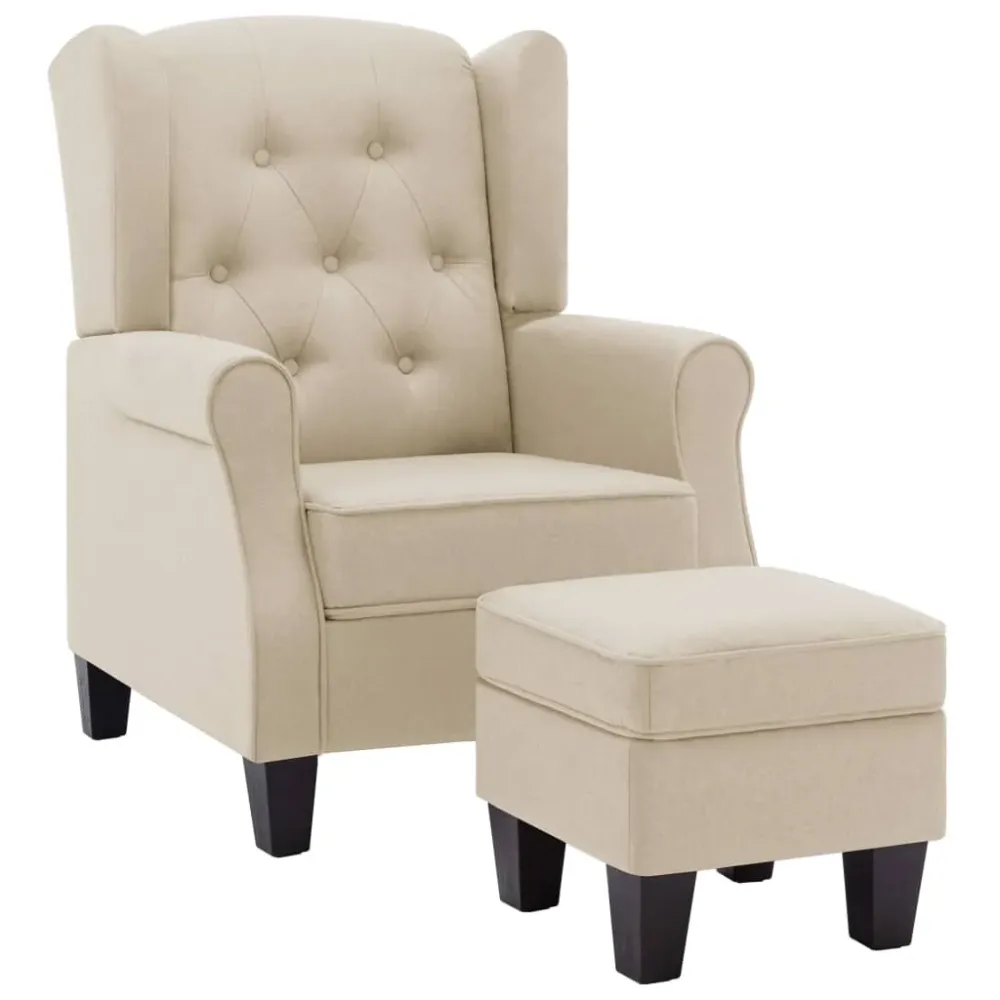 Fauteuil lounge design contemporain confortable avec repose-pieds en tissu crème DEC026831