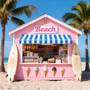 Fond Photo Plage Mer Cabane Glaces Rose RR61-4