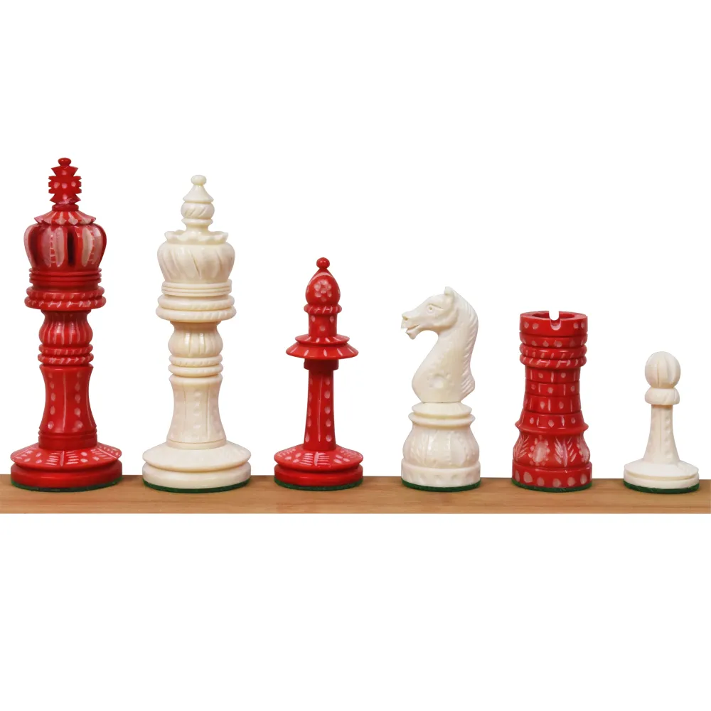 Jeu d'échecs 4.1" en os de chameau sculpté à la main - Pièces d'échecs uniquement - Cramoisi et blanc